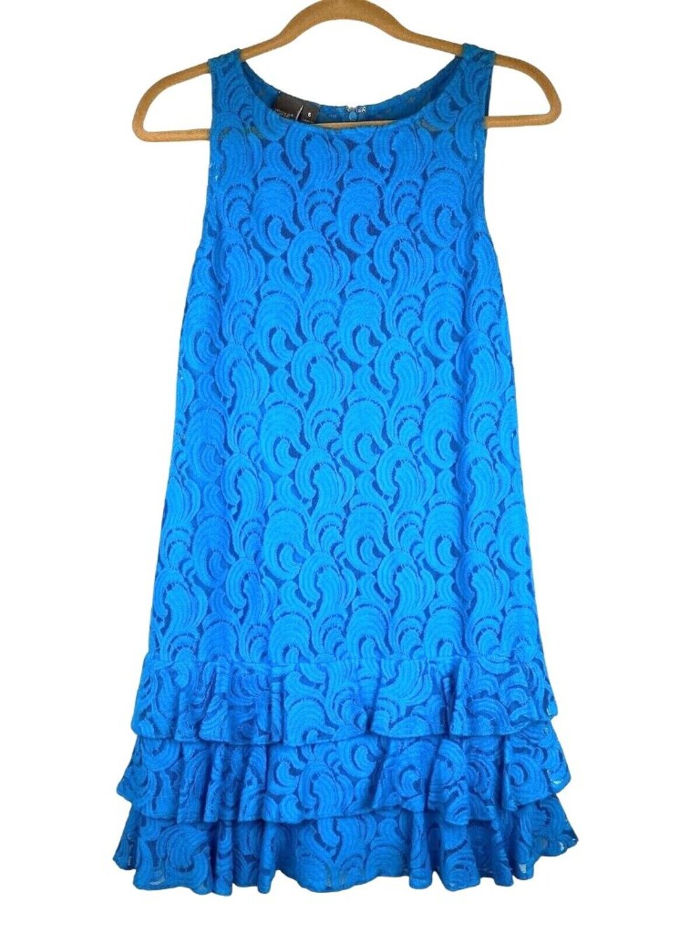 Anthropologie Muse Women 6 Blue Preppy Sleeveless Lace Overlay Dress Ruffled Hem